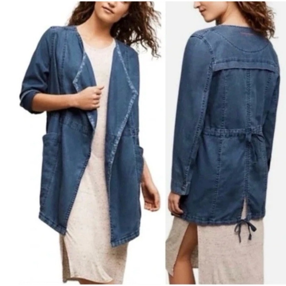 Hei Hei Anthropologie Linen Chambray Jacket Cascade Cardigan Open Front Denim